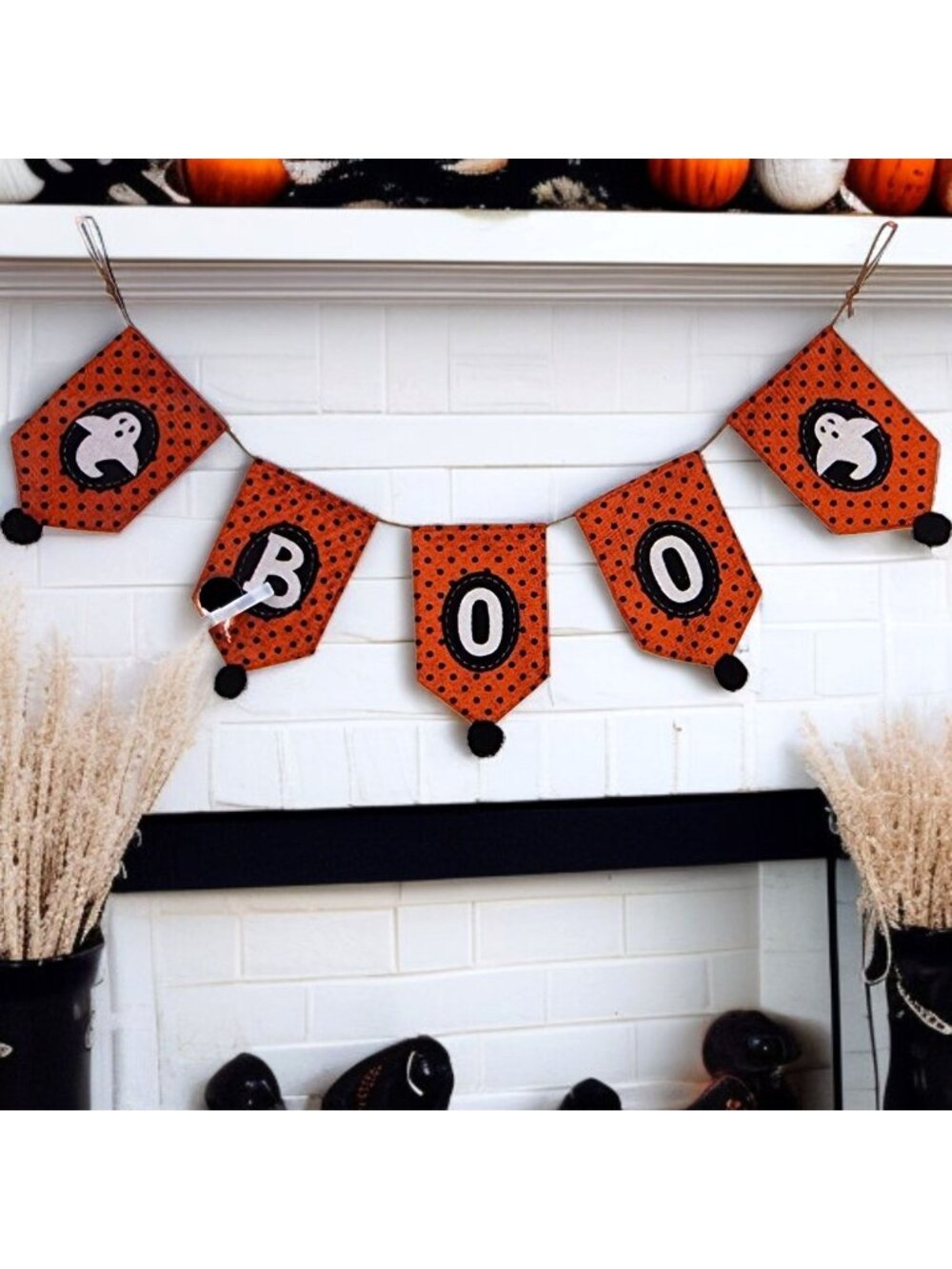 Halloween "Boo" Sign Banner with Ghosts & Black Pom Poms Party Tree Decor 4ft